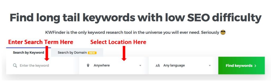 Search interface of the KWfinder SEO keyword research tool