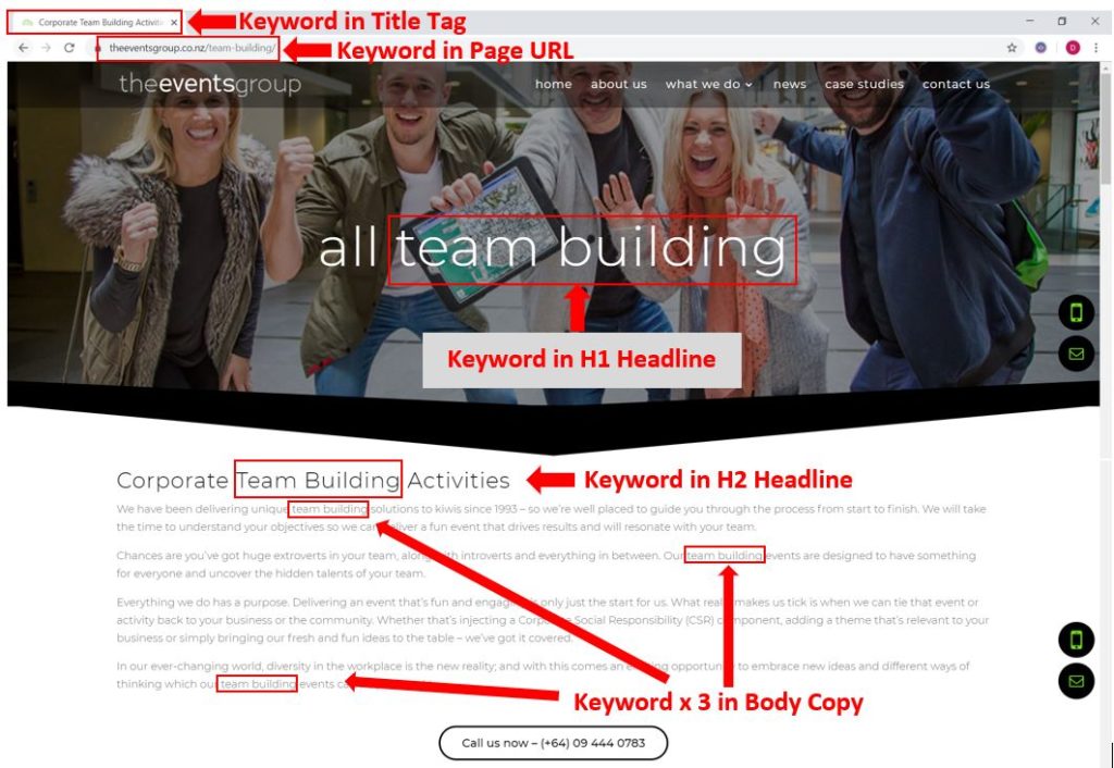 A site well-optimised for the SEO keyword "team building"