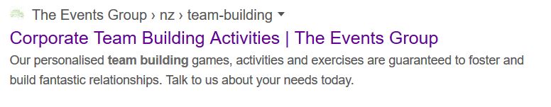 Example of a title tag and meta description that uses the page's main keywords